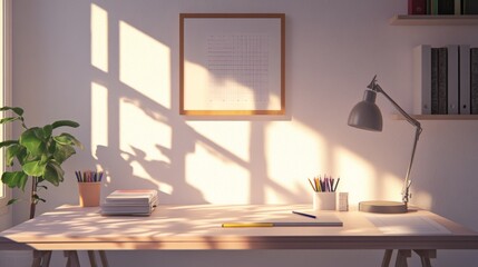 Poster - Cozy and Bright Home Office with Natural Light Casting Shadows on Minimalist Desk Surrounded by Green Plant and Organized Stationery for Creative Work