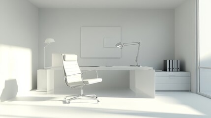 Poster - Modern minimalist office interior featuring a sleek desk, ergonomic chair, stylish lamp, and organized workspace with natural light illuminating the space
