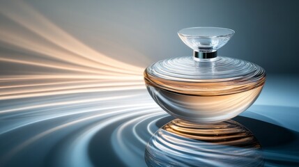 Poster - Elegant Glass Perfume Bottle with Soft Golden Liquid and Artistic Light Trails Highlighting its Grace and Beauty in a Minimalist Setting