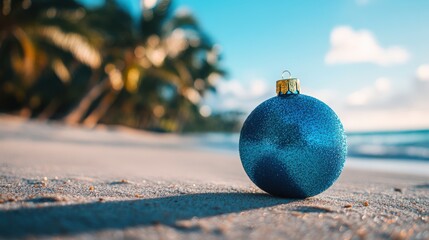 Wall Mural - Tropical Christmas Vibe with Blue Glitter Ornament on Sandy Beach