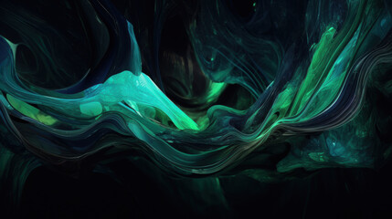 Wall Mural - Glowing teal currents flowing in a dark and mysterious abstract setting.