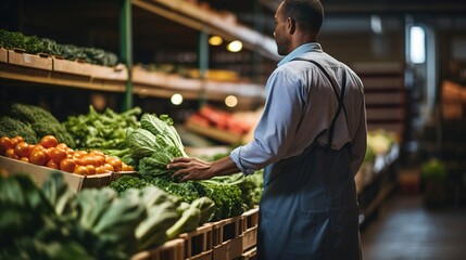 Wall Mural - Warehouse worker handling fresh produce, organizing vegetables in a busy storage area, emphasizing logistics and supply chain in a market environment. 