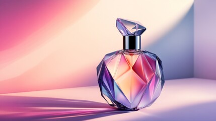 Poster - Elegant and Colorful Perfume Bottle with Geometric Design and Soft Gradient Background, Ideal for Beauty and Fragrance Promotions