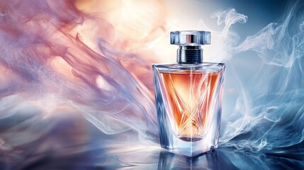 Poster - Elegant glass perfume bottle with an intricate design captured in a dreamy surreal background of colorful smoke and soft light reflections highlighting its beauty and luxury