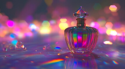 Poster - Captivating Rainbow Glass Perfume Bottle with Reflections and Colorful Bokeh Background Creating a Dreamy and Ethereal Atmosphere for Product Displays