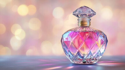 Poster - Elegant Crystal Perfume Bottle with Colorful Liquid Against a Soft Bokeh Background, Ideal for Beauty and Fashion Concepts or Product Advertisements