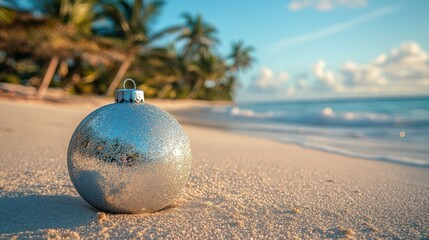 Wall Mural - Sparkling Christmas Ornament on Serene Tropical Beach at Sunrise