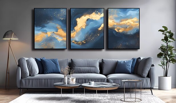 Abstract Blue and Gold Painting: Modern Abstract Wall Art, Set of Three Canvas Oil Paintings for Interior Design with Dark Gray Background.