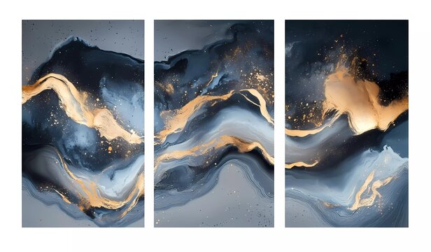 Abstract Blue and Gold Painting: Modern Abstract Wall Art, Set of Three Canvas Oil Paintings for Interior Design with Dark Gray Background.