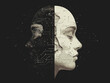 © whitecityrecords - Woman's face is split in half, with the left half being a computer chip and the right half being a human face. Concept of technology and its impact on humanity
