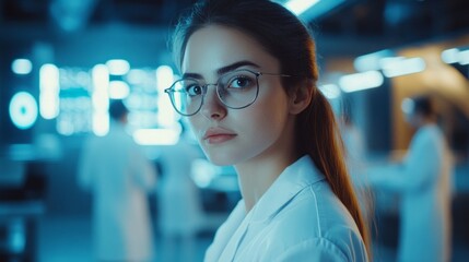 Aufkleber - A woman wearing glasses is standing in a lab with other people