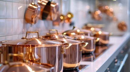 Wall Mural - Set of shiny copper pots, pans in white kitchen. Copper cookware and kitchen utensils