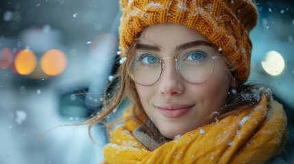 Wall Mural - An excited female tourist was driving alone, enjoying the freedom of a road trip. A woman's joy and freedom in winter shows her love for life and her anticipation for new adventures.