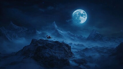Poster - A man in a red suit is riding a sleigh on top of a mountain