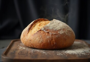 Wall Mural - A freshly baked round loaf of crusty artisanal bread on a wooden surface, with a dark background