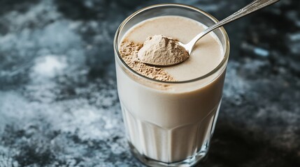 A clear glass filled with milk and a spoon stirring in a spoonful of protein powder