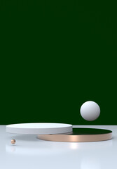 Poster - 3D render of gold green white minimal abstract background with empty stand, geometric shape, stand for product presentation, space for text