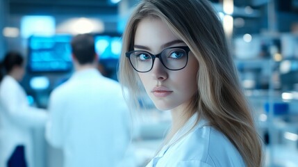 Poster - A woman wearing glasses is standing in a lab with a man in a white lab coat