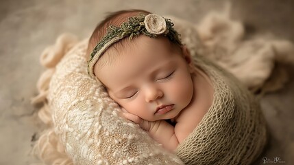 Wall Mural - Newborn babyâ€™s face with a peaceful expression, resting on a soft pillow, with natural light highlighting the face