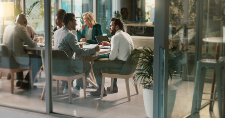 Poster - business, people and meeting with laptop in boardroom for project research, teamwork and budget disc