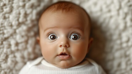 Wall Mural - A close-up of a newborn babyâ€™s face with soft, light skin, eyes slightly open, looking up with curiosity