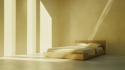 Aufkleber - Serene Minimalist Bedroom with Soft Natural Light and Neutral Tones Creating a Calm and Tranquil Space for Relaxation and Reflection