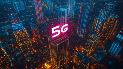 Poster - A cityscape with a large 5G sign in the middle