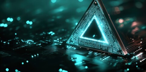 Poster - A futuristic triangular circuit design illuminated with blue light on a digital background.