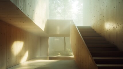 Aufkleber - Modern Minimalist Interior with Bright Natural Light Shining Through Windows, Soft Shadows and Wooden Elements Creating a Serene Atmosphere