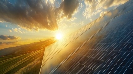 Poster - Captivating Sunset Over Solar Panels in a Scenic Landscape with Sunlight Filtering Through Clouds and Illuminating Green Hills and Fields