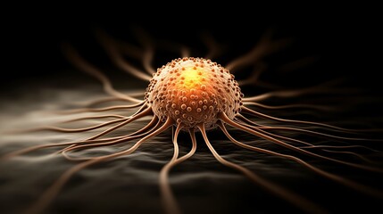 Poster - Highly Detailed Depiction of Malignant Tumor Structure Featuring a Central Cell Surrounded by Delicate Projections Representing Cancerous Growth Dynamics