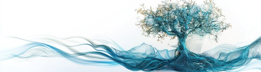 Aufkleber - A stylized tree amidst flowing blue waves, symbolizing nature and interconnectedness.