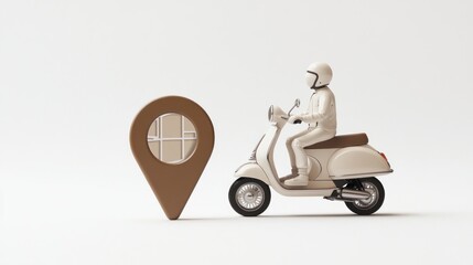 Poster - A 3D illustration of a scooter rider next to a location pin symbolizing navigation.