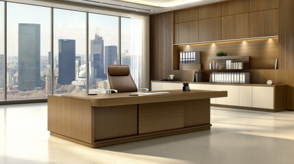 Aufkleber - Modern Executive Office Interior with Large Windows Overlooking City Skyline, Sleek Wooden Furniture, and Contemporary Decor for Professional Atmosphere
