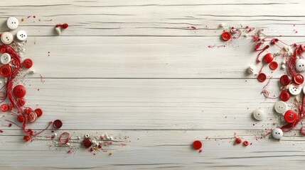 Poster - A creative arrangement of red and white buttons and threads on a wooden background.