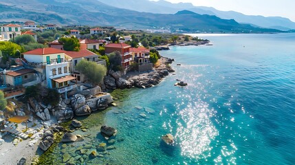 Canvas Print - A serene coastal view featuring houses along a rocky shoreline and clear blue waters under a bright sky.