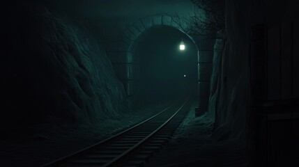 Aufkleber - Mysterious Underground Tunnel with Dim Lighting and Overgrown Pathway Evokes Sense of Intrigue and Adventure in a Dark Environment