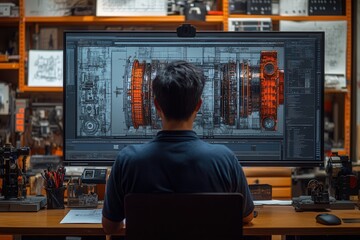 Fototapete - Engineer developing a 3d model of a turbine using professional software in a modern office