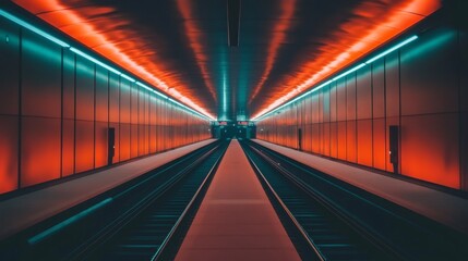 Aufkleber - Futuristic Subway Station with Vibrant Neon Lighting and Symmetrical Design, Showcasing Long Empty Tracks and Smooth Surface in Urban Environment