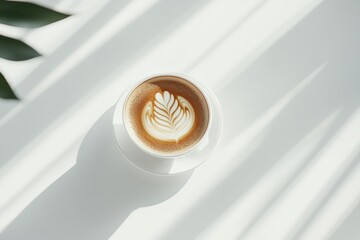 Poster - A beautifully crafted latte with leaf art on a white table, illuminated by soft shadows.