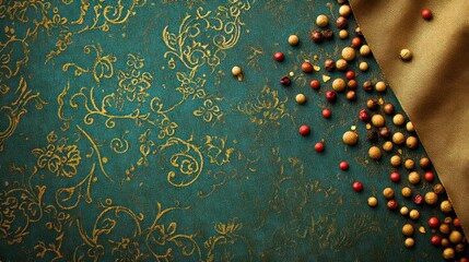 Poster - A textured background with decorative patterns and scattered colored beads.