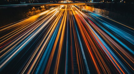 Poster - Dynamic Nighttime Traffic Flow with Colorful Light Trails on Urban Highway Captured from Above, Showcasing Speed and Movement in City Infrastructure
