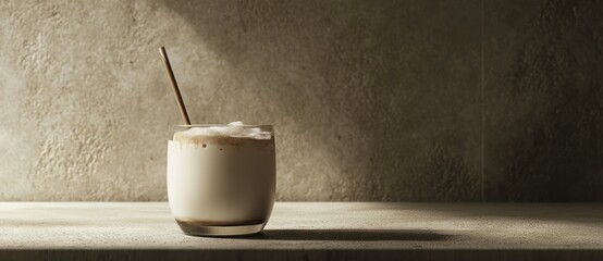 Poster - A glass of frothy beverage with a straw on a textured surface.