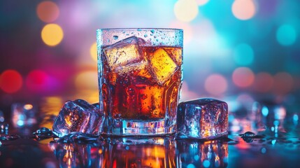 Poster - A Close-Up View of a Refreshing Glass of Brown Cocktail with Ice on a Colorful Blurred Background Evoking a Vibrant Nightlife Atmosphere