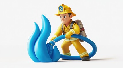 Poster - A toy firefighter extinguishing flames with a hose.