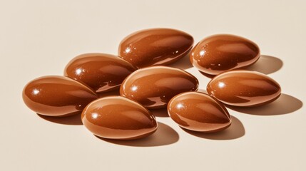 Aufkleber - Glossy Brown Drops on Soft Beige Surface, Capturing Light with Smooth Reflections, Ideal for Food and Culinary Themes, Natural Ingredients and Healthy Lifestyle Promotion