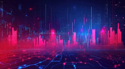 Poster - Abstract digital landscape with vibrant pink and blue light effects, data visualization elements, and futuristic technology representation in a dark environment