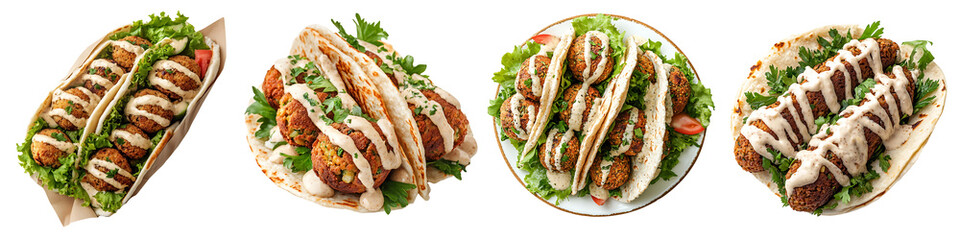 Wall Mural - Set of Lebanese falafel with tahini sauce, isolated on a transparent background.