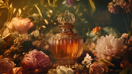 Poster - Elegant Vintage Perfume Bottle Surrounded by Lush Colorful Flowers and Soft Lighting, Evoking a Sense of Luxury, Beauty, and Romance in a Floral Setting