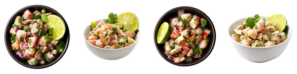 Wall Mural - Set of Peruvian ceviche with lime and cilantro, isolated on a transparent background.